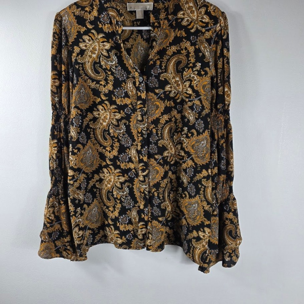 Michael Kors Black Gold Paisley Bell Sleeve V Neck‎ Button Up Blouse Top Size S